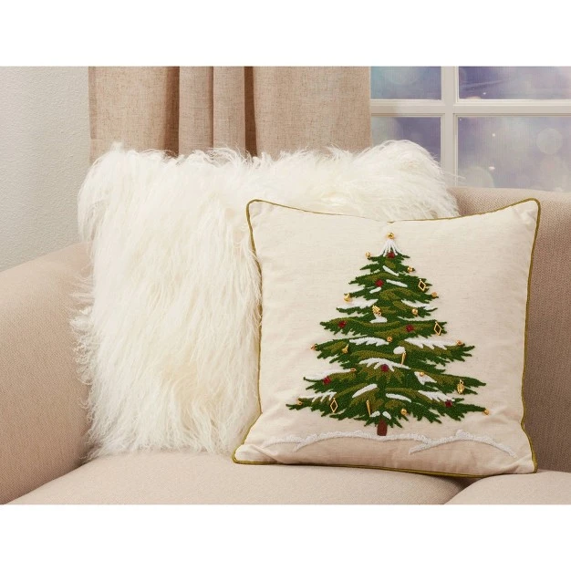 Embroidered Christmas Tree Poly Filled Square Throw Pillow