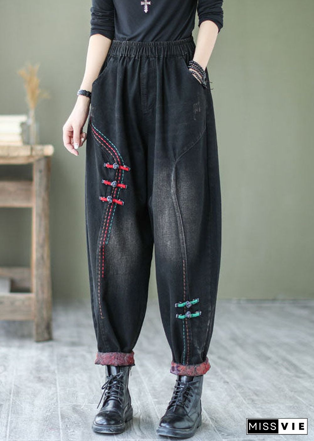 Natural Black Button denim harem Pants Spring