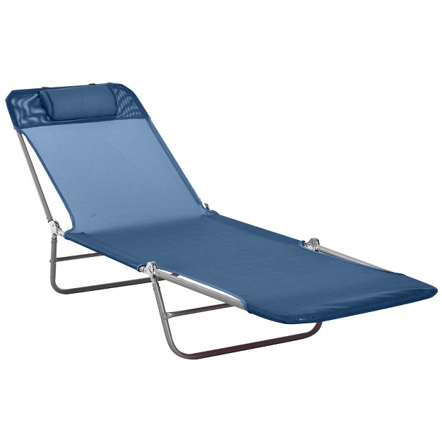 Outsunny Foldable Outdoor Chaise Lounge Chair 5 level Reclining Camping Tanning Chair With Breathable Mesh Fabric And Headrest Dark Blue