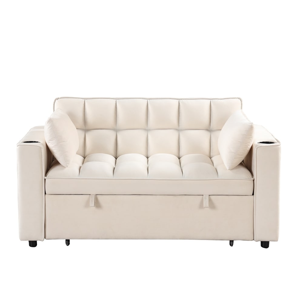 Velvet Upholstered Sofa Bed Convertible Sleeper Sofa with Cup Holder and USB Port   Perfect for Living Rooms and Apartments