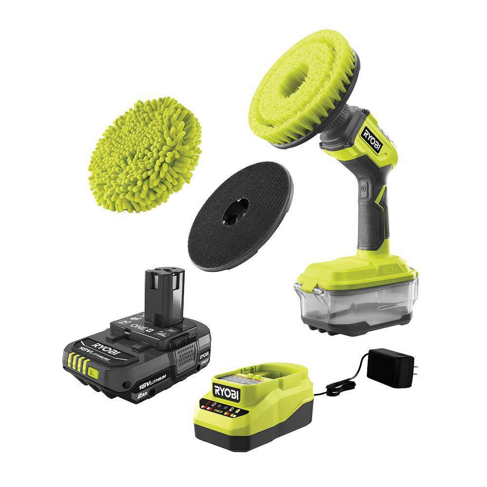 RYOBI ONE+ 18V Cordless Compact Power Scrubber Kit with 2.0 Ah Battery Charger and 6 in. 2-Piece Knit Microfiber Kit P4510K-A95KMK1