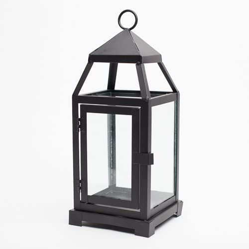 Richland Black Contemporary Metal Lantern with Clear Glasses - Small