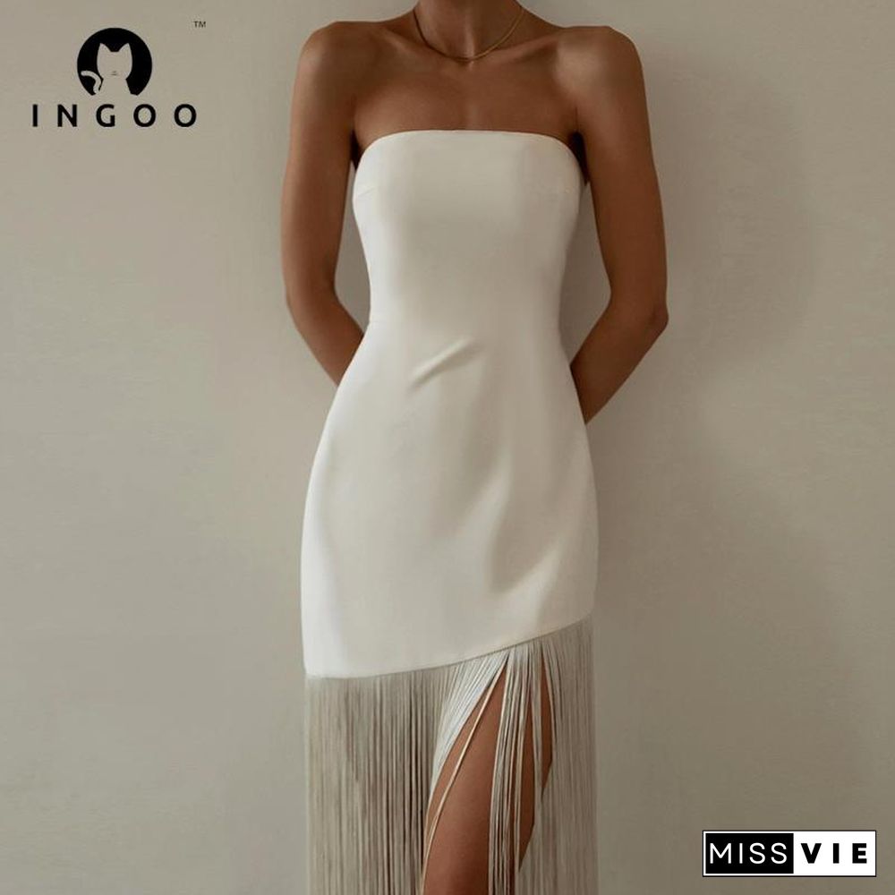 INGOO Black Fringe Sexy Tube Dress Bodycon Sleeveless Women Summer Long Dress Evening Elegant White Backless Party Club Outfits