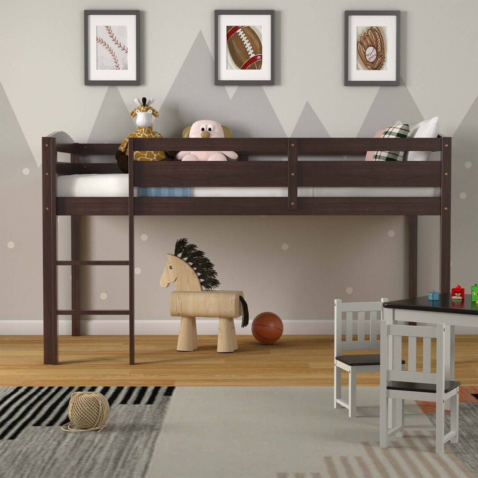 Costzon Loft Bed Twin, Classic Wood Low Loft Bed w/Guard Rail & Ladder, Kids Loft Bed for Boys