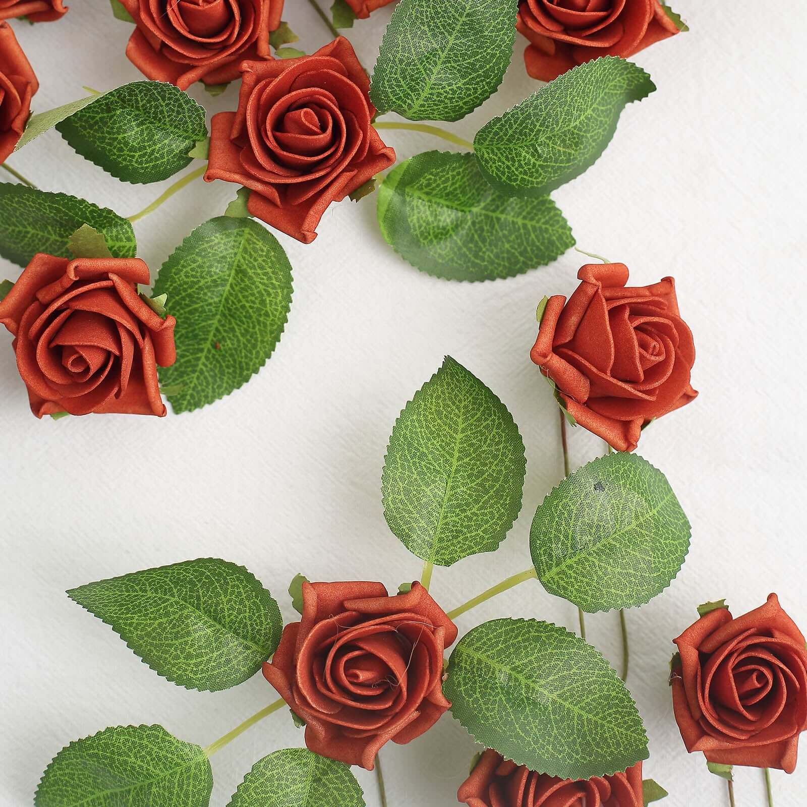 24 Roses Terracotta (Rust) Artificial Foam Flowers With Stem Wire and Leaves 2