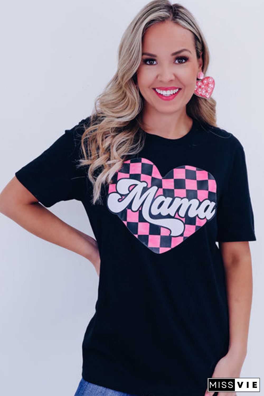 Black Mama Checkered Heart Shape Print Crewneck T Shirt