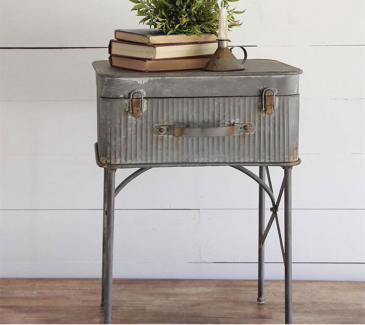 Foreside Home and Garden Distressed Metal Suitcase Side Table