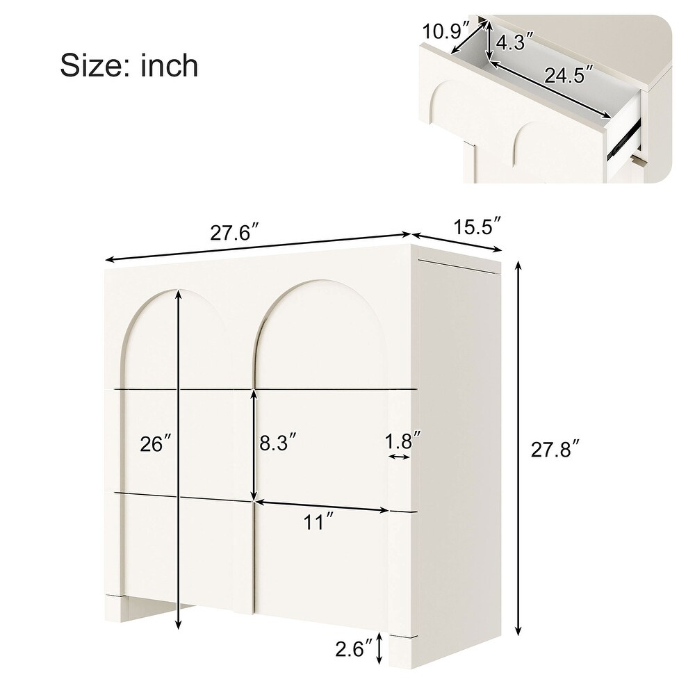 Wood 3 Drawer Nightstand Sideboard Cabinet Storage Bedside Table with Arch Front Plate for Living Room Children's Room  White