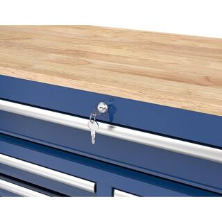 Husky 46 in. W x 18 in. D 9-Drawer Gloss Blue Mobile Workbench Cabinet with Solid Wood Top H46X18MWC9BLU