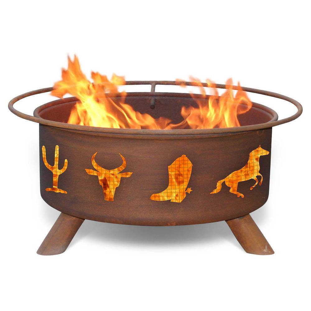 Western Cowboy 29 in. x 18 in. Round Steel Wood Burning Fire Pit in Rust with Grill Poker Spark Screen and Cover F109