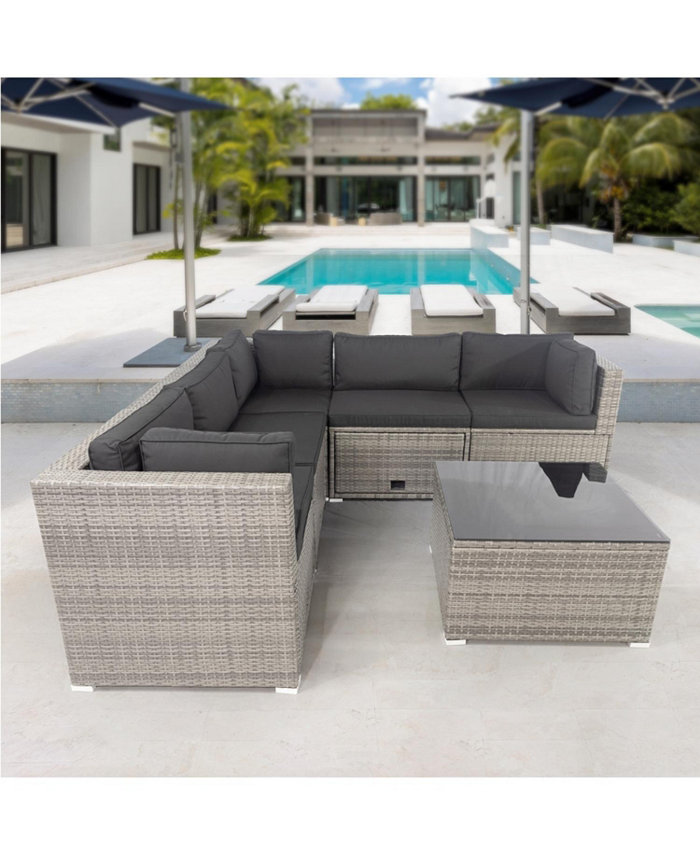 Simplie Fun 6 Pieces PE Rattan sectional Outdoor Furniture Cushioned Sofa Set with 3 Storage Under Seat Grey