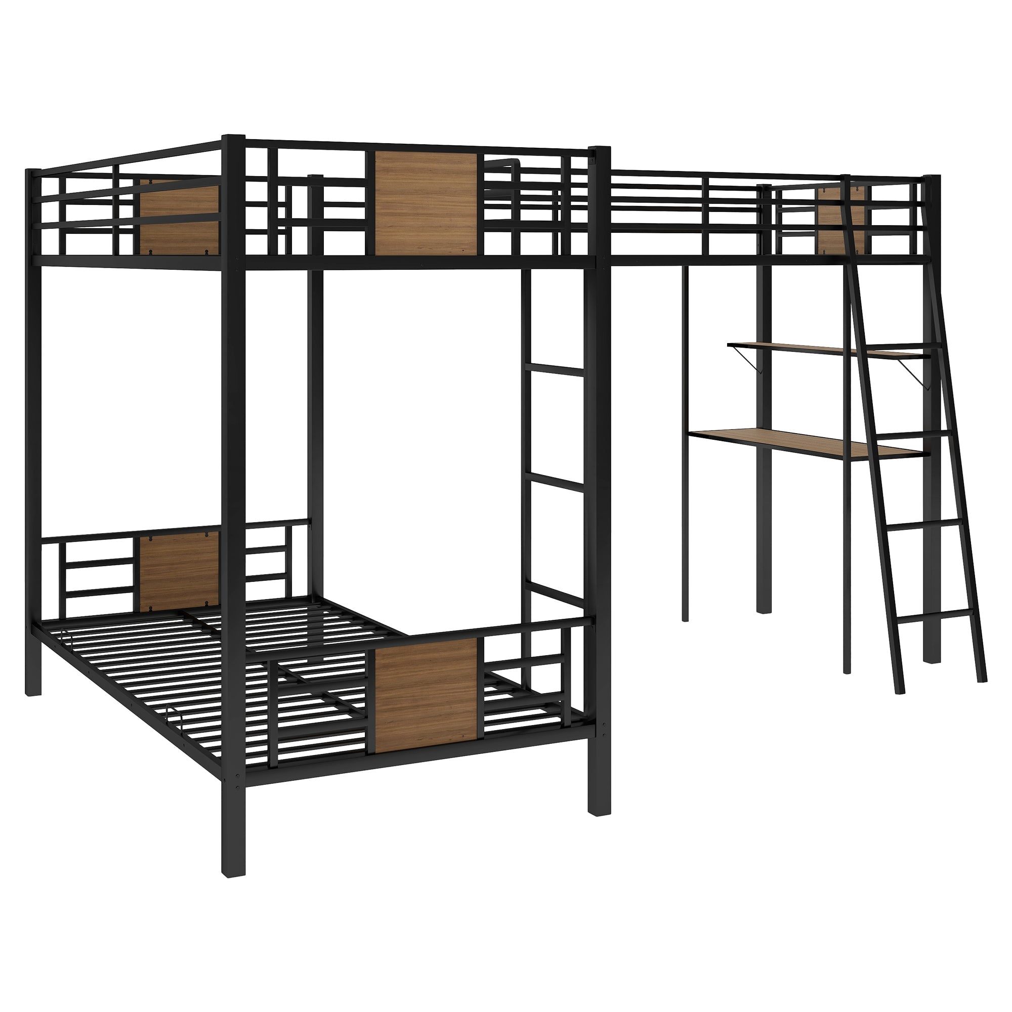 EUROCO L-Shaped Twin over Twin Bunk Bed with Desk and Shelf for Kids Bedroom, Brown