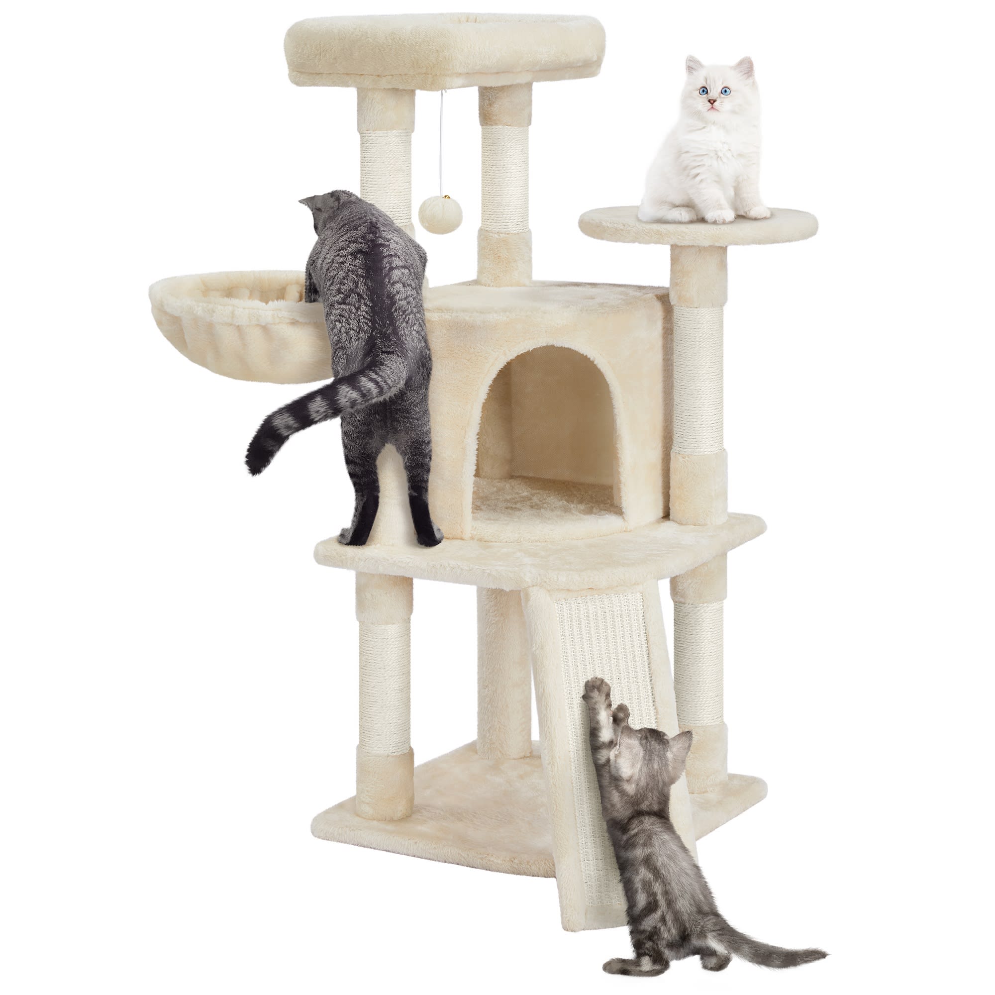 Topeakmart Beige Medium Plush Cat Tree Condo with Basket， 42