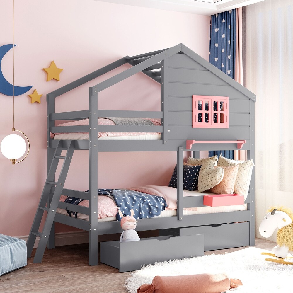 Contemporary Unique Design Twin over Twin Bunk Bed with 2 Drawers  1 Storage Box  1 Shelf and Quality Structure for Bedroom