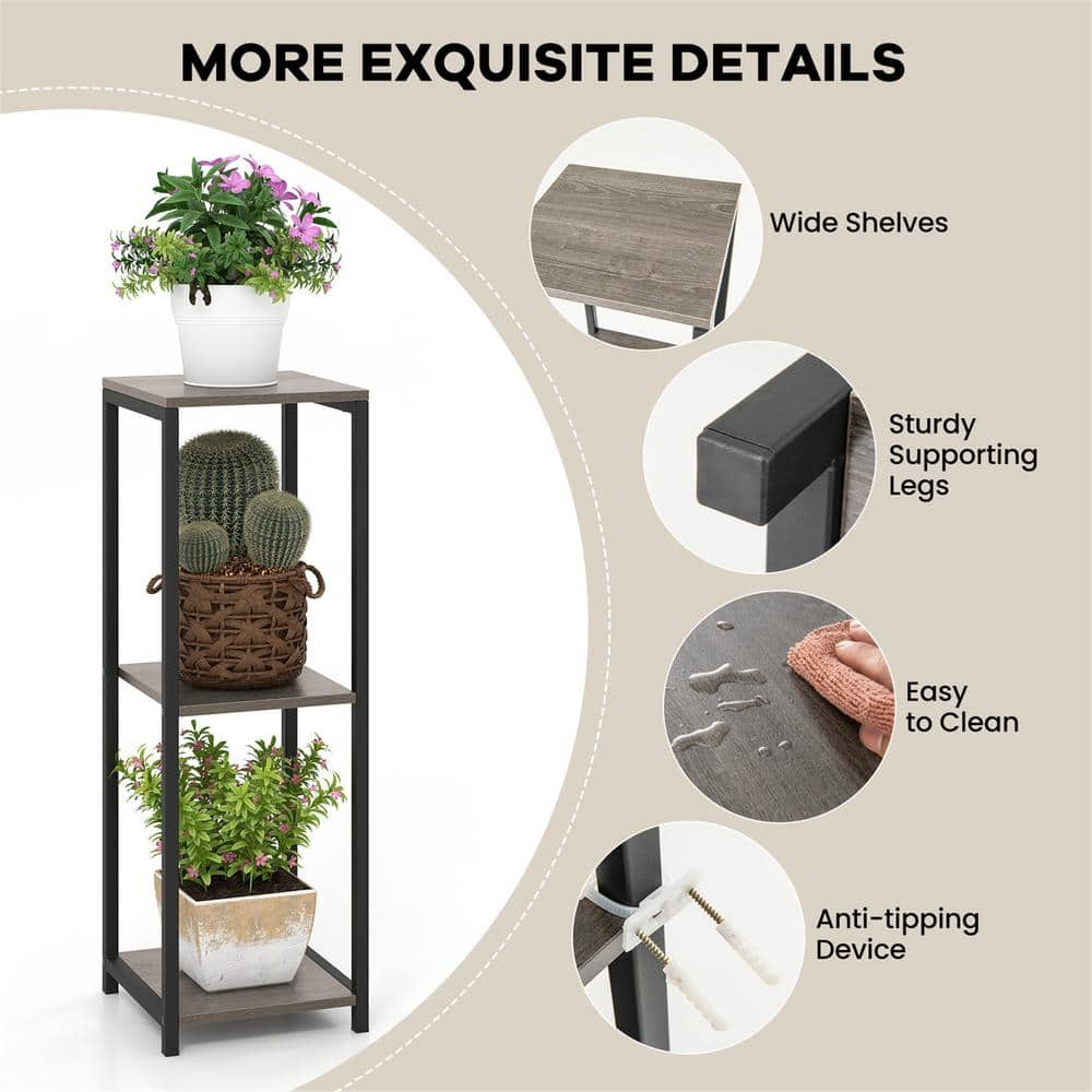 Gymax 36 in. x 12 in. x 12 in. Grey and Black Metal IndoorOutdoor Plant Stand Corner Plant Holder wMetal Frame 3 Tier GYM14122