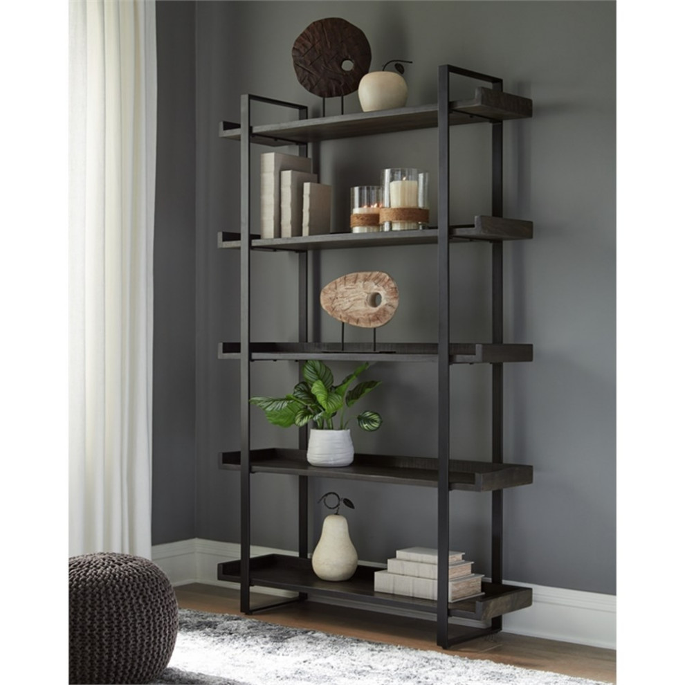 Ashley Furniture Kevmart Wood Bookcase in Grayish Brown  ampBlack Glazed   Industrial   Bookcases   by Homesquare  Houzz