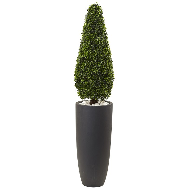 Boxwood Topiary With Gray Cylindrical Planter Nearly Natural