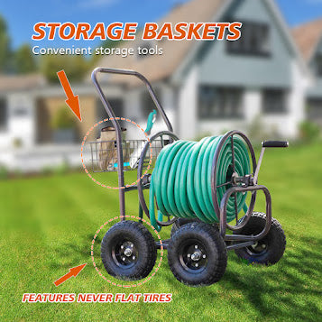 Heavy Duty Hose Reel Cart， Heavy Duty Hose Reel with 4 Solid Wheels， Slide Hose Guide System for Garden and Yard