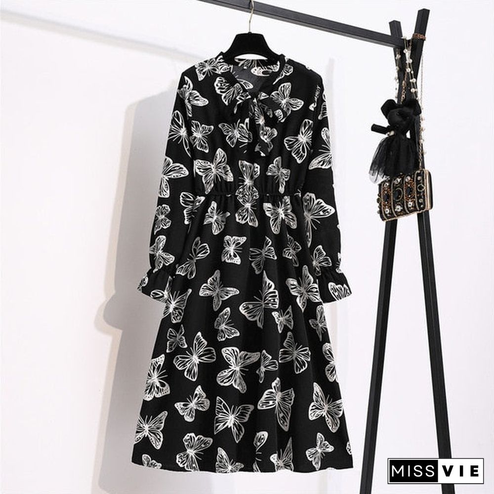 NIJIUDING Women's Chiffon Dress Female Vintage Floral Printed Long Sleeve Bow Midi Dresses Spring Autumn Flare Sleeve Vestidos