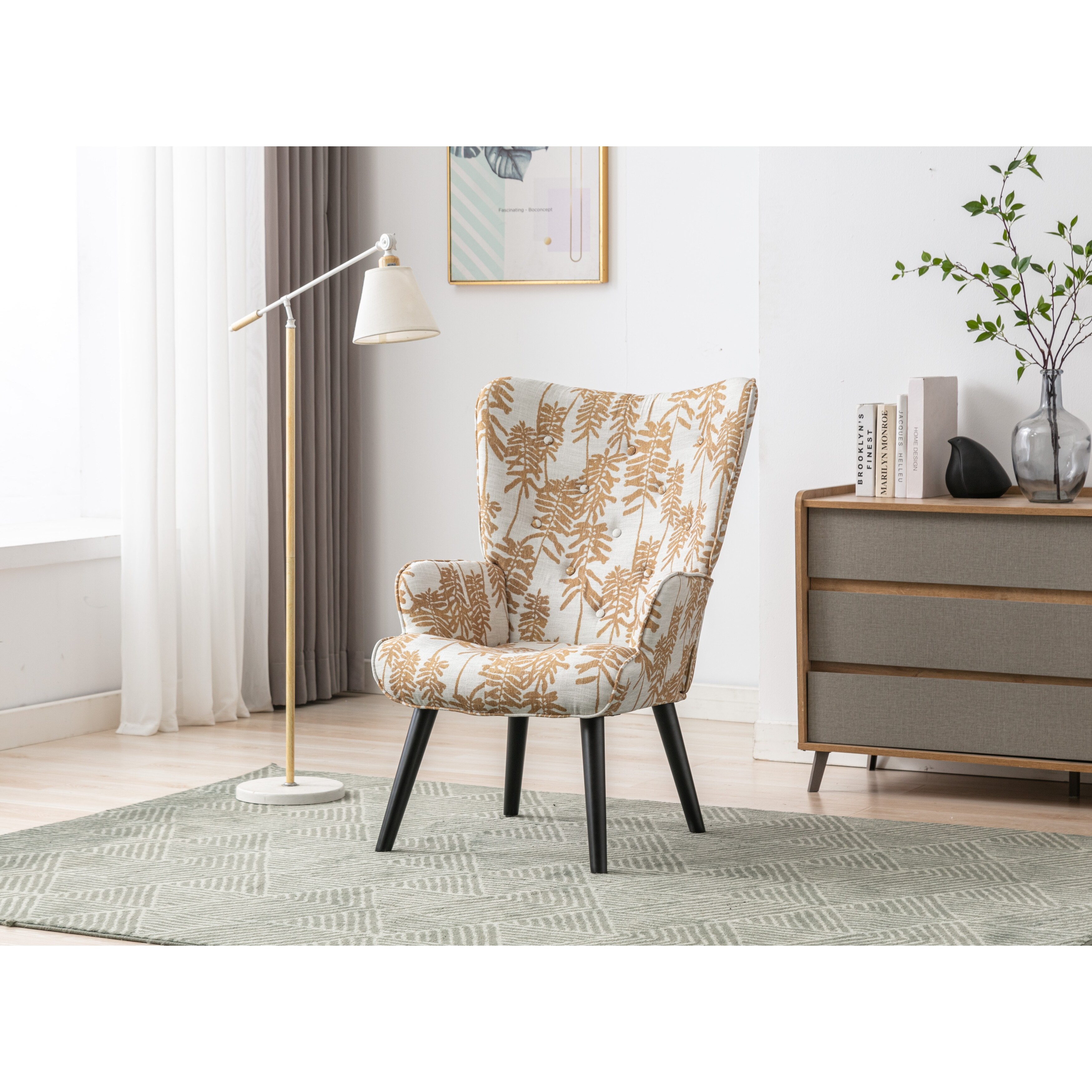 Accent Chair for Living Room， Stylish Linen Tufted Button Wingback Vanity Chair Arm Side Chair with Solid Wood Legs