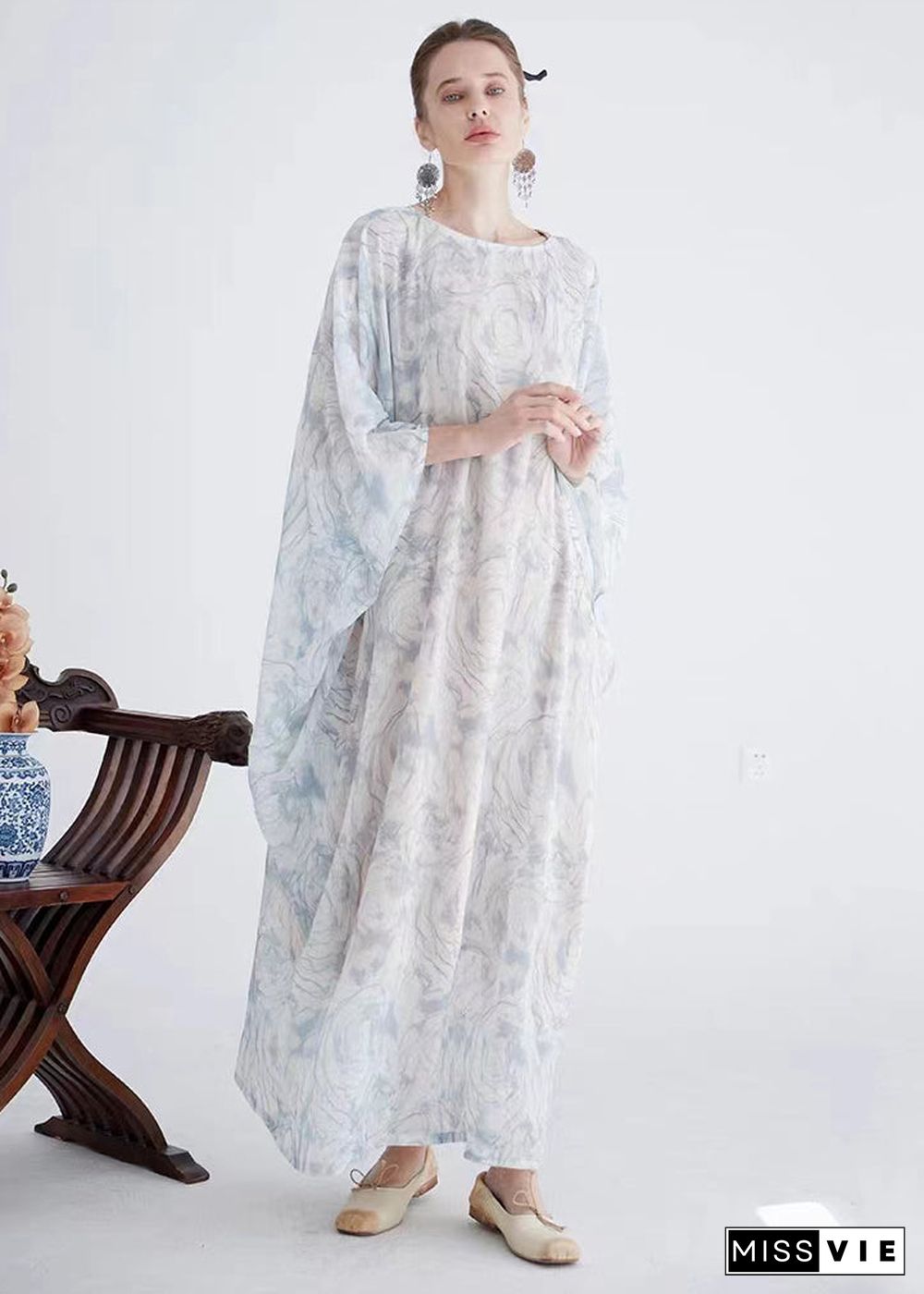 Italian White O Neck Print Cotton Robe Dresses Batwing Sleeve