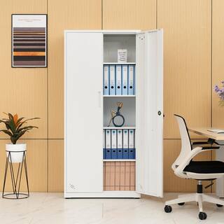 🎉Limited Time Offer🎉White Metal Storage Cabinet with 2-Doors and 4 Shelves Lockable Tall Cabinet for Home Office Garage Kitchen Pantry ZT-W25262850