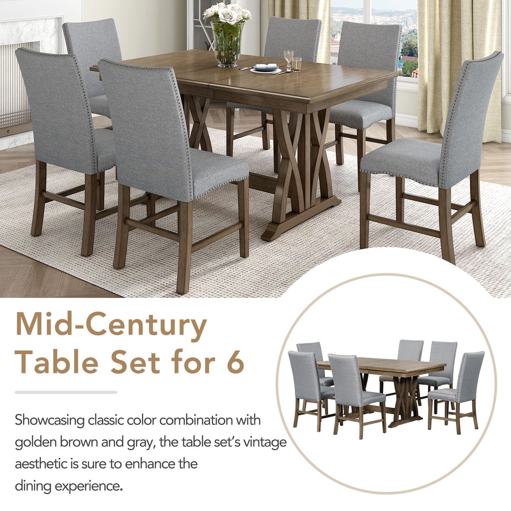 Mid Century Solid Wood 7 Piece Dining Table Set Extendable Kitchen Table Set with Upholstered Chairs and 12\