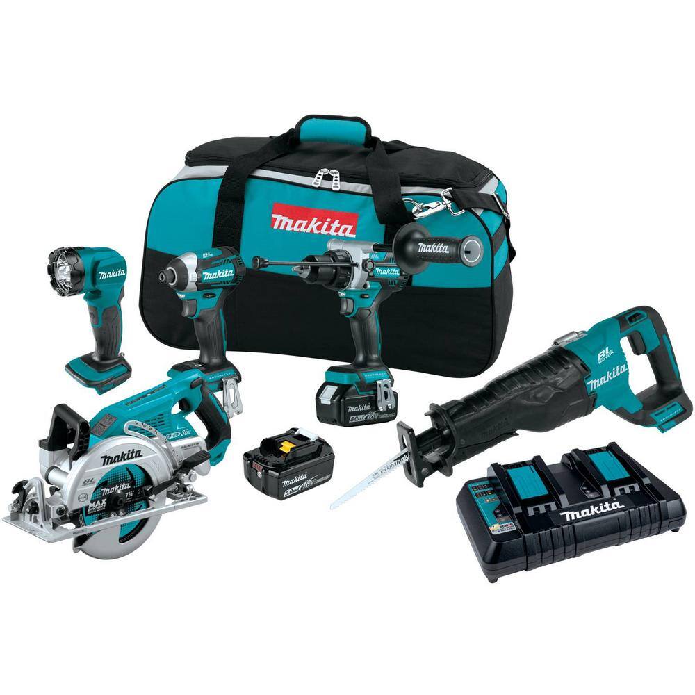 Makita 18V 5.0 Ah LXT Lithium-Ion Brushless Cordless Combo Kit (Hammer DrillImpact DriverCirc SawRecip SawLight) XT507PT