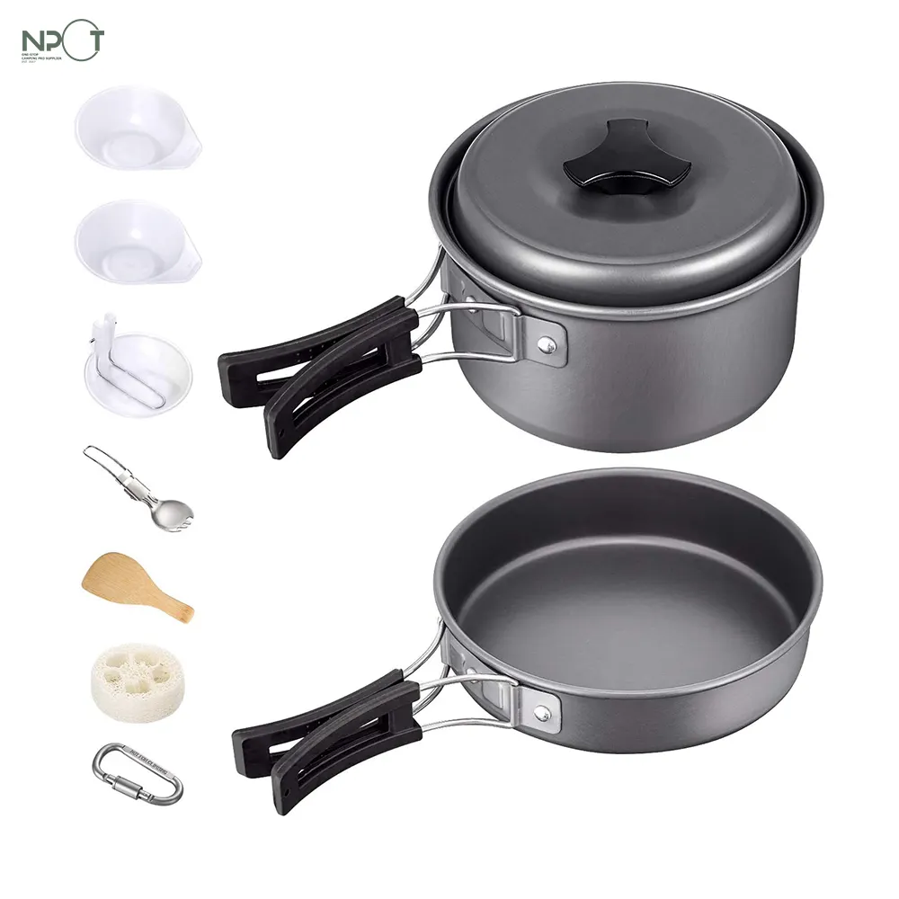 NPOT Best Selling 11PCS Camping Cookware Mess Kit Hiking Backpacking Picnic Cooking Bowl Non Stick Pot Pan Knife Spoon Set