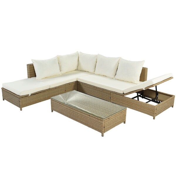 3 Piece Rattan Sofa Set PE Wicker Sectional Set with Adjustable Chaise Lounge Frame and Tempered Glass Table for Outdoor - Overstock - 36214502