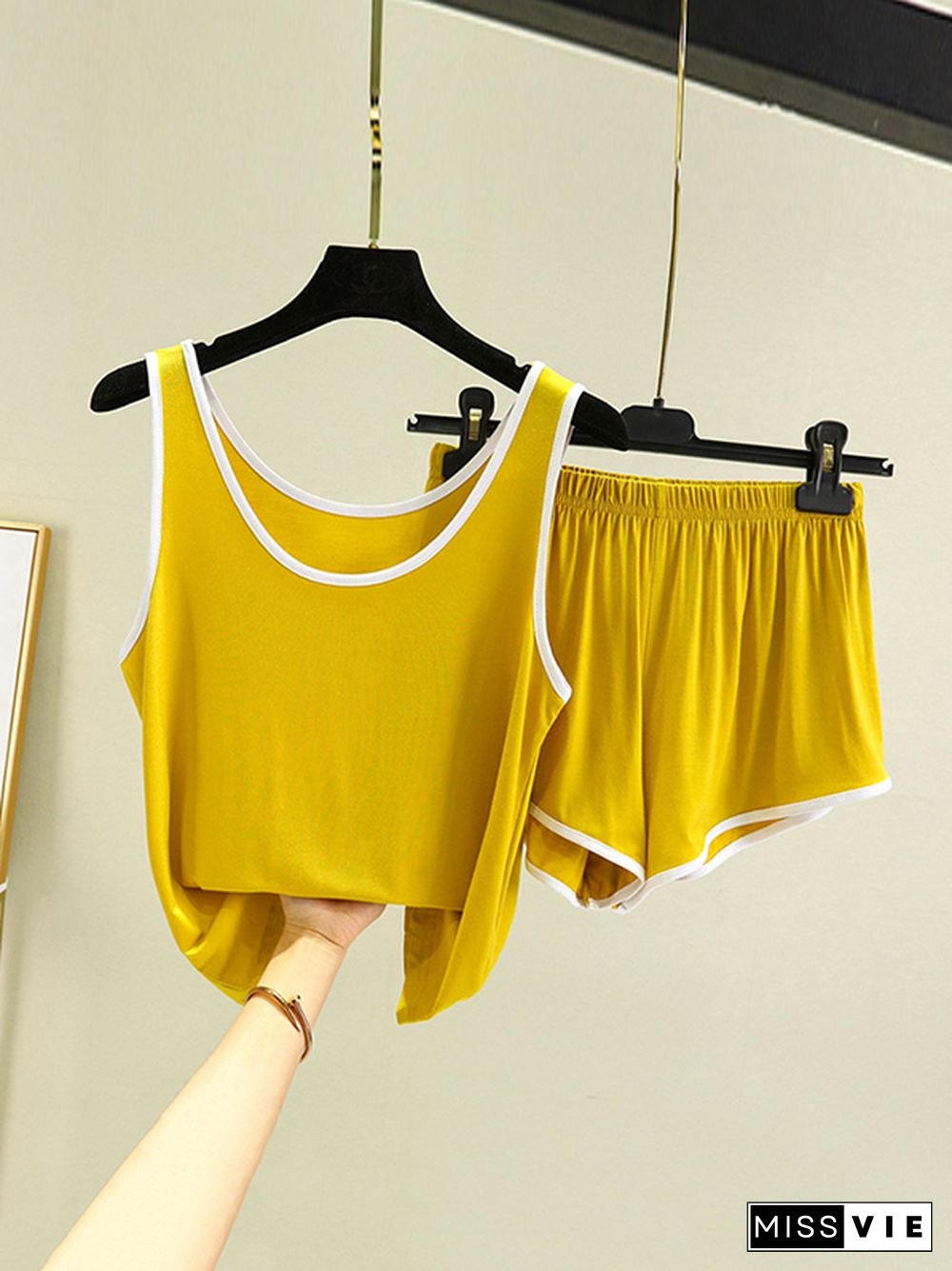 Home Wear Loose Sleeveless Contrast Color Round-Neck Vest&Shorts Pajamas Set