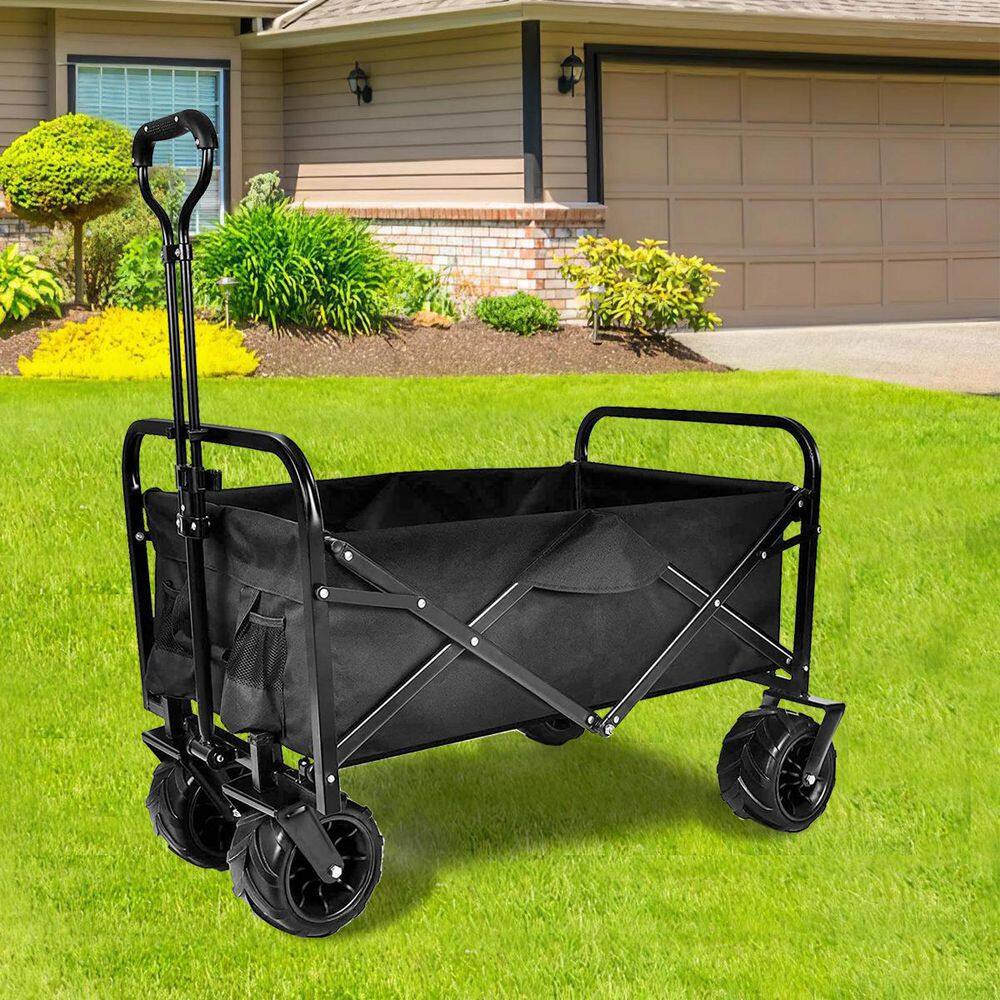 Kahomvis Heavy Duty Folding Portable Steel Cart Wagon in Black with 7 in. Widened All-Terrain Wheels Mile-LKD0-TPJY