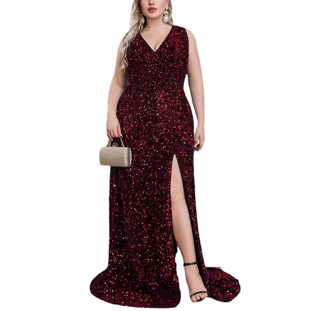 Sexy V-neck sequined floor-length evening dress elegant sleeveless slit banquet party dress