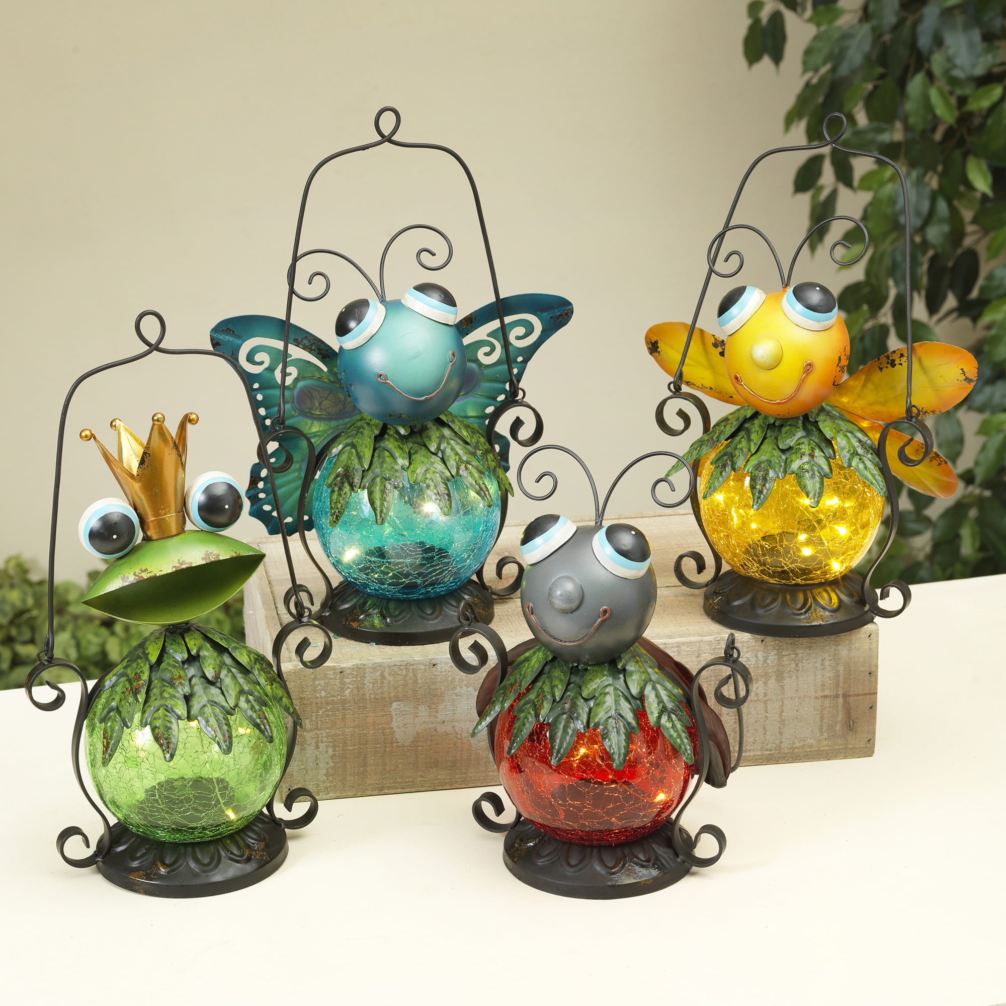 Gerson Set of 4 Assorted 13-inch High Metal and Glass Solar Garden Critter Lanterns