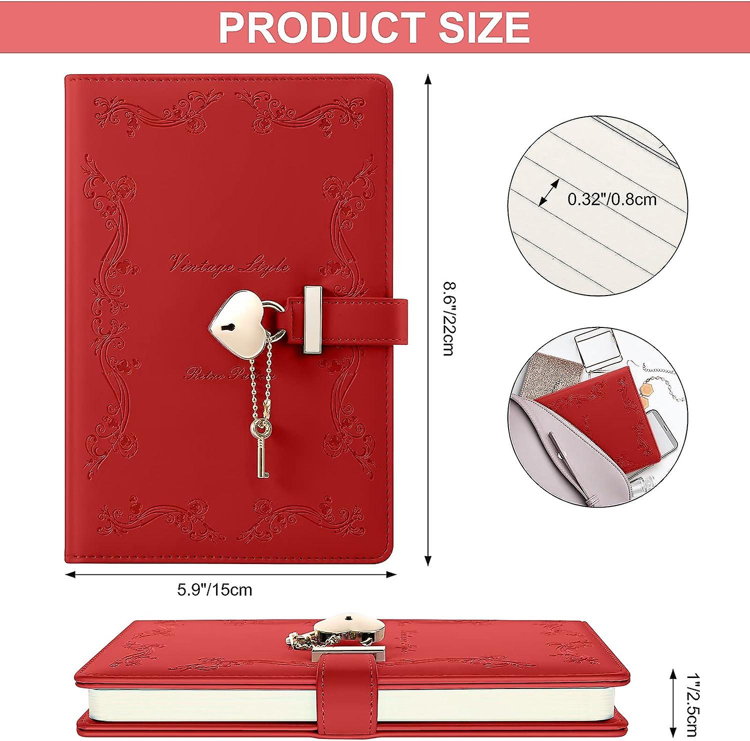 Girls Diary With Lock And Key， Cute Heart Shaped Lock Journal For Women， Refillable A5 Vintage Secret Pu Leather Notebook Gift For Teen Girls - Red