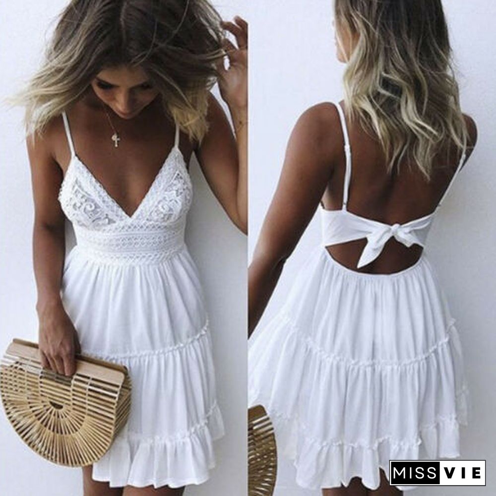 New Women Summer Black Backless Layers Sweet Boho Short Mini Dress V Neck High Waist Evening Party Beach Dresses Sundress