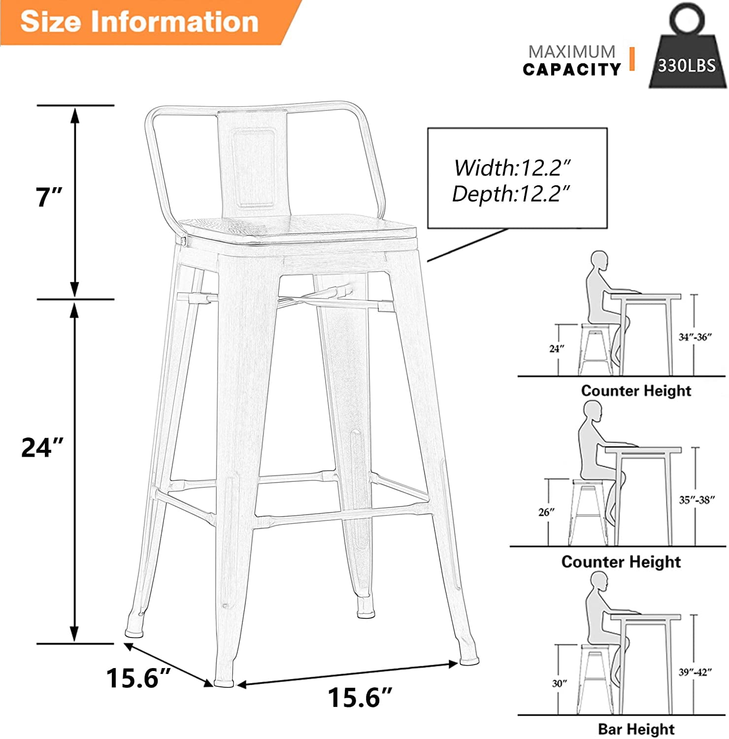 Andeworld 24 Metal Barstools Set of 4 Counter Height Bar Stools with Back (24 Seat Height， Wooden Top Low Back Matte Black)