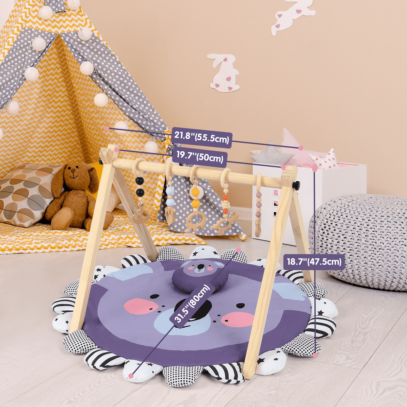 Cowiewie Wooden Play Gym， Activity Gym for Baby with 5 Hanging Toys and Play Mat， Purple