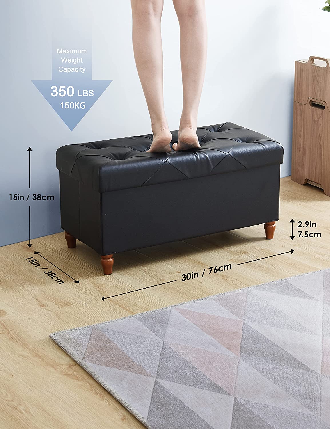 Storage Ottoman with Wooden Legs, Memory Foam, Faux Leather Ottoman with Storage for Living Room, Bedroom & Hallway, Folding Storage Ottoman Bench Support 350lbs, Ottoman Foot Rest, 30