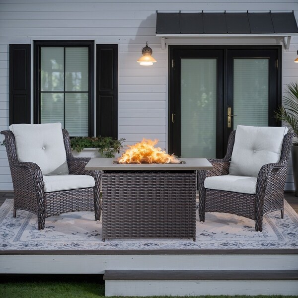 3 Pieces Outdoor Rattan Chair with Fire Pit Table