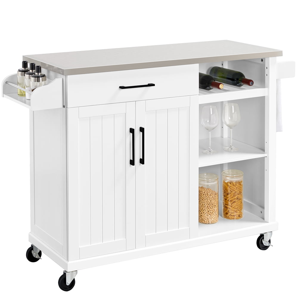 Yaheetech Kitchen Island Cart with Stainless Steel Top and Storage， Kitchen Island on Wheels with Drawer and Open Shelves，White