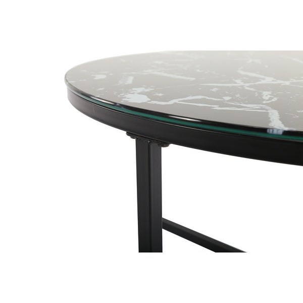 EPOWP Cross Legs Glass Coffee Table with Metal Base， Marble Black Color Top