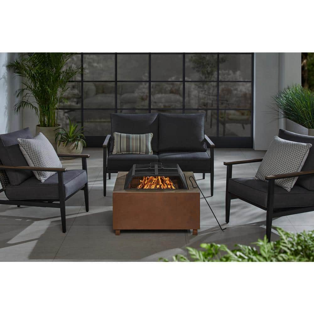 Hampton Bay Nickleby 33 in. Cube Steel Brown Low Smoke Wood Burning Fire Pit with Stainless Steel Bowl and Wood-look Tile Top 2391FP-3