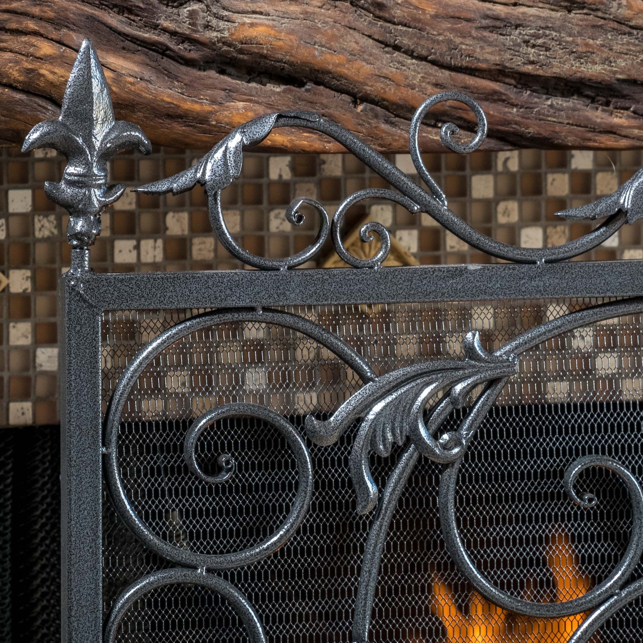 Darcie Black Brushed Silver Finish Wrought Iron Fireplace Screen