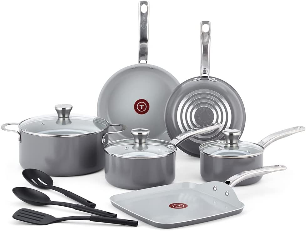 T-fal Fresh Recycled Aluminum Ceramic Non-Stick 12-Piece， Grey Cookware Set