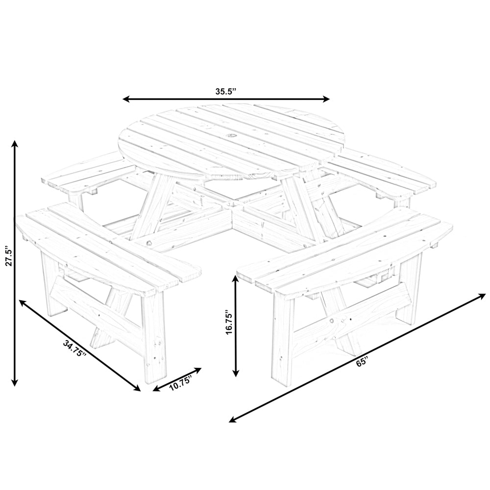 Wooden Outdoor Patio Garden Round Picnic Table with Bench， 8 Person