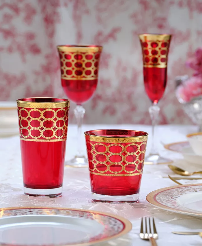 Lorren Home Trends Deep Red Colored High Ball with Gold-Tone Rings Set of 4