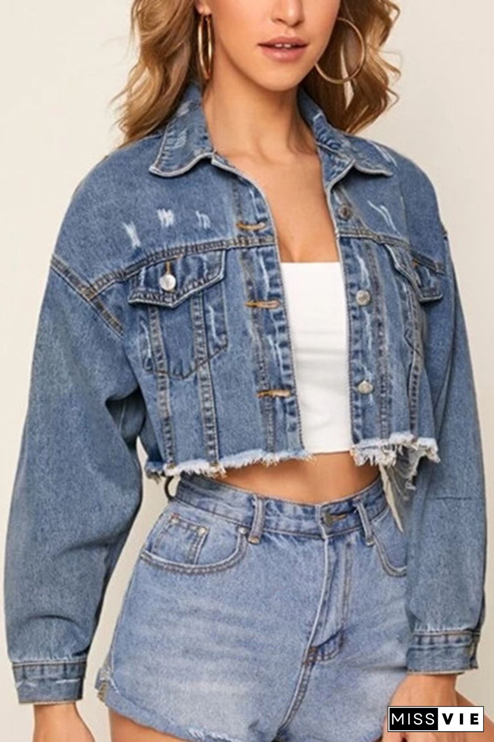 Buttons Front Raw Hem Ripped Crop Denim Jacket Women Wholesale