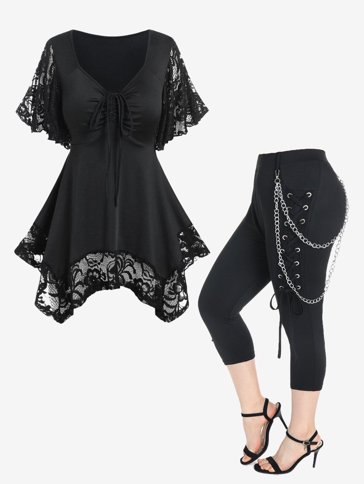 Lace Insert Handkerchief T Shirt and Lace Up Chains Gothic Capri Pants Plus Size Summer Outfit