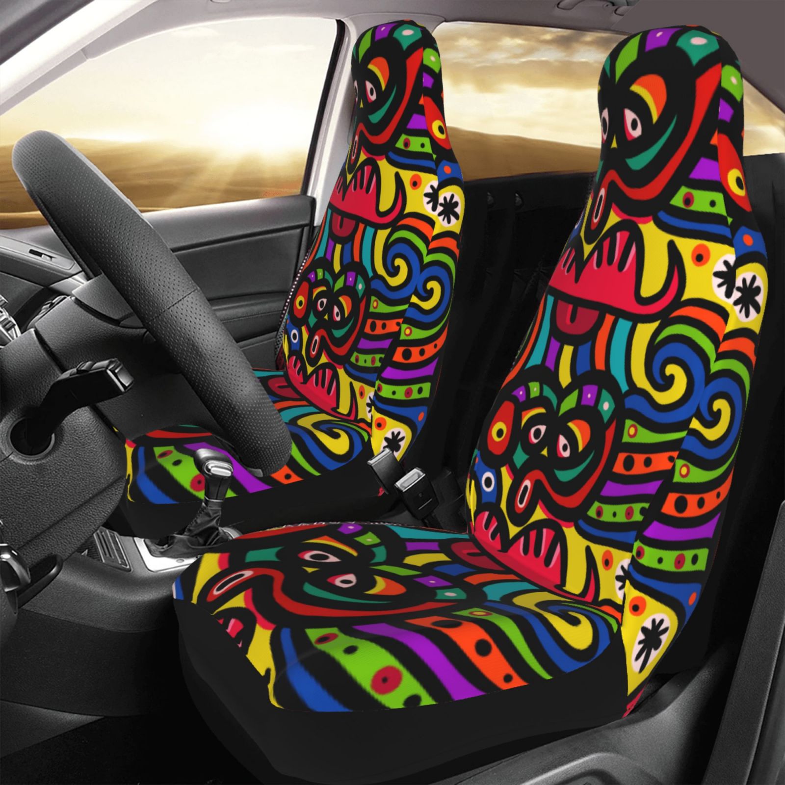 TEQUAN Front Seat Covers， Cartoon Colourful Face Doodle Pattern 2 Piece Car Seat Cover Fit Most Car SUV Truck Van